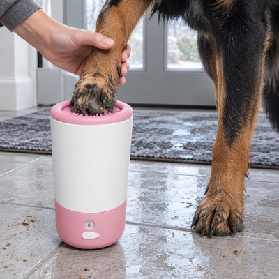 [Scale AI] lifestyle, Pink Electric Dog Paw Cleaner Cup, Rechargeable 360° Washer with Brush