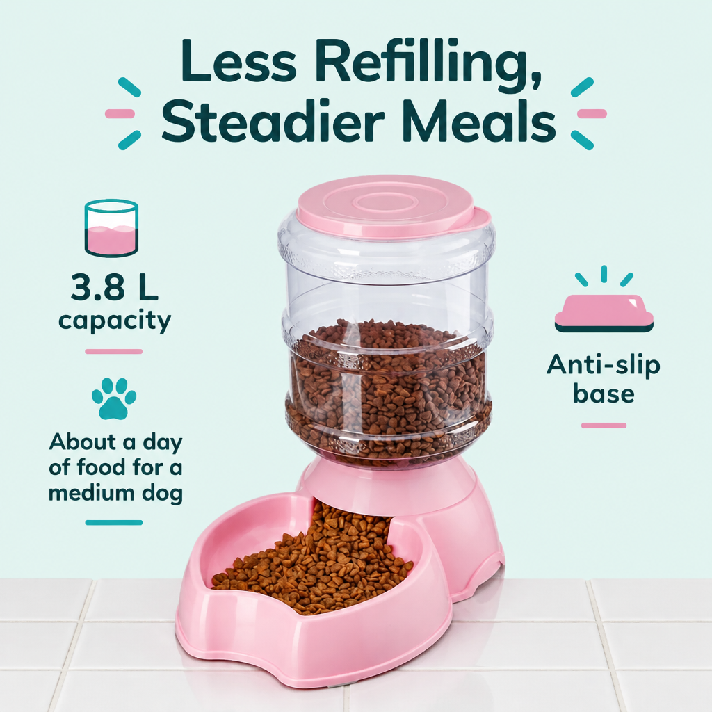 [Scale AI] benefits_list, 3.8L Automatic Pet Feeder Dog Cat Drinking Bowl Large Capacity Water Food Holder