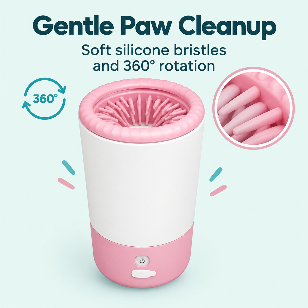 [Scale AI] benefits_list, Pink Electric Dog Paw Cleaner Cup, Rechargeable 360° Washer with Brush