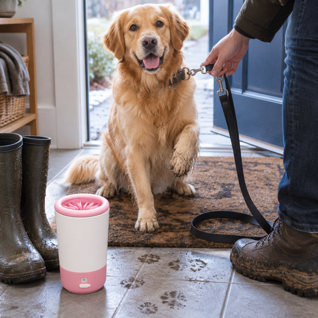 [Scale AI] lifestyle, Pink Electric Dog Paw Cleaner Cup, Rechargeable 360° Washer with Brush