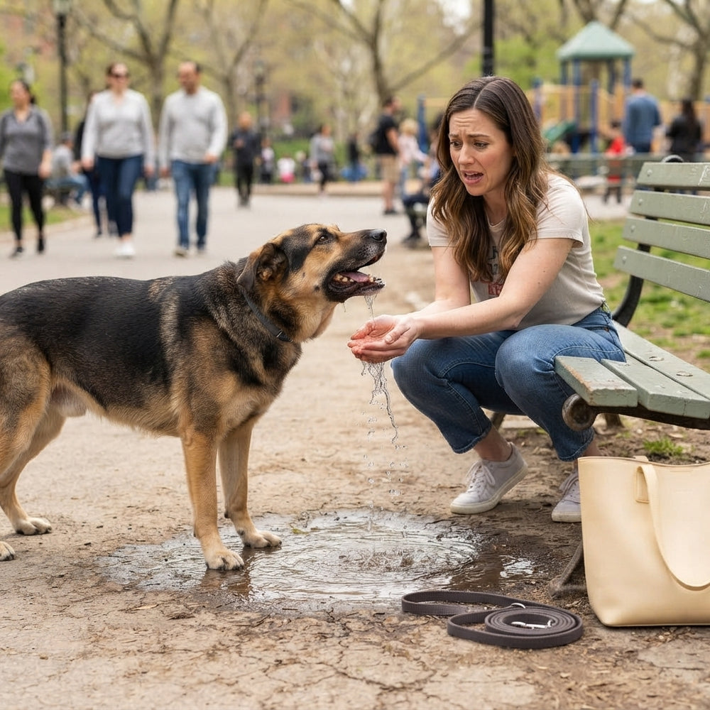 A person struggling to give water to their dog in a park with spilled water on the ground.